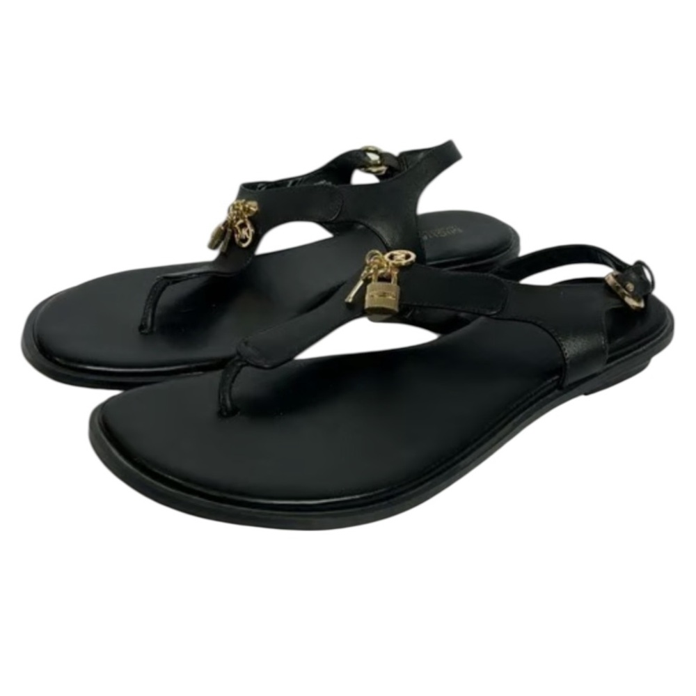 Women MK Michael Kors Plate Black Thong Flat With Gold Charms Sandals Sz 10